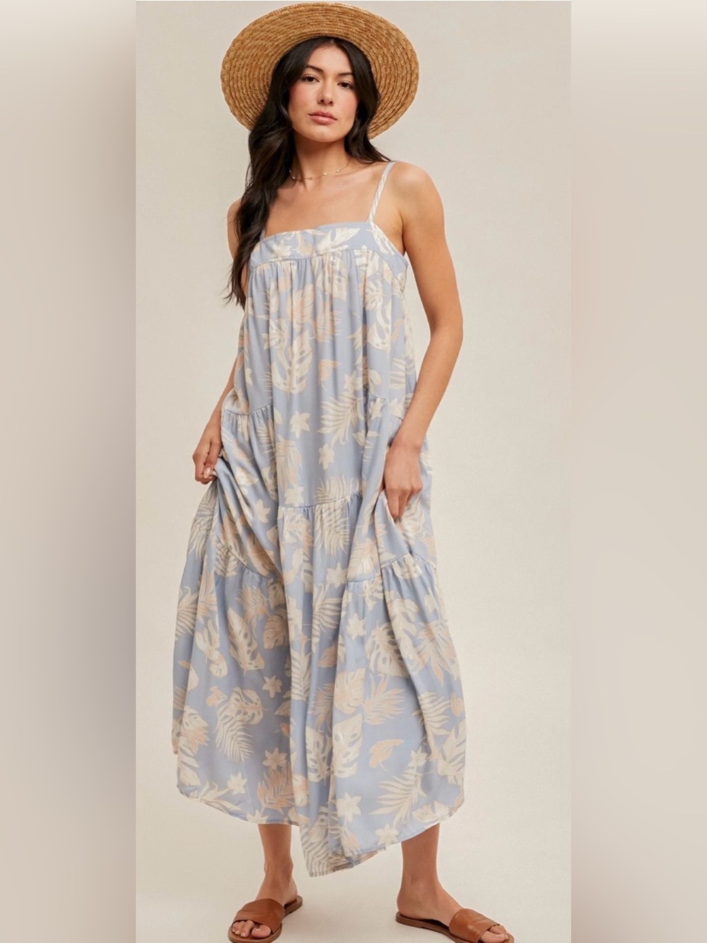 New! Hem & Thread Blue Cream TropicalFloral Maxi Dress Pockets Flowy Medium NWT